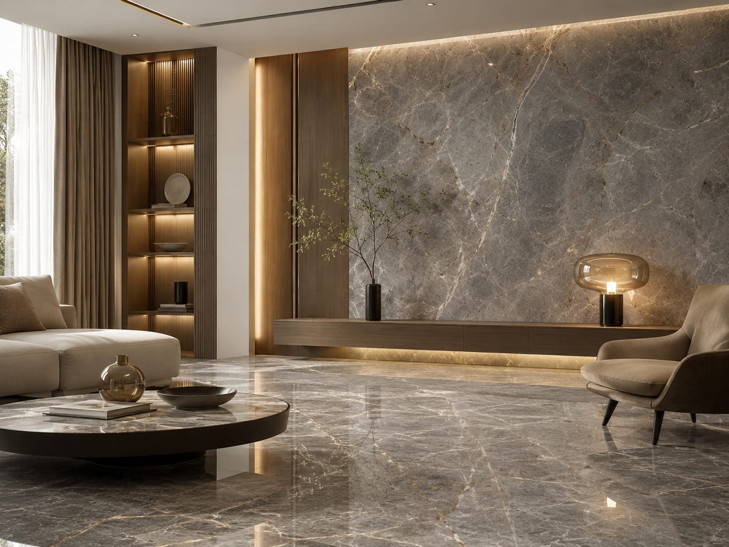 Interior elegante con mármol Galaxy Gray